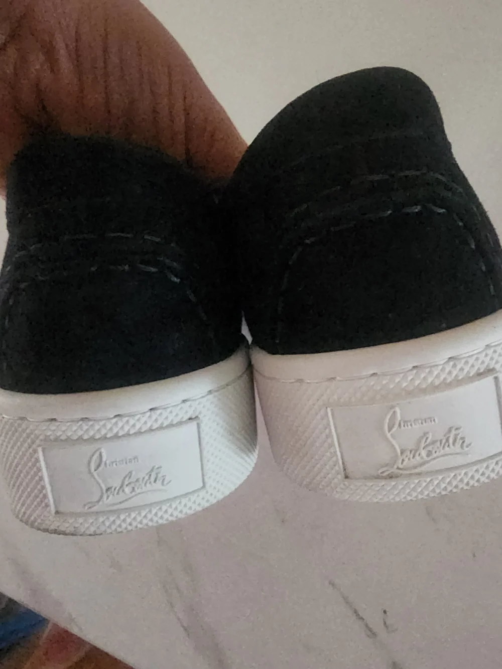 Christian Louboutin Black Suede Slip-On Loafers with Silver Chain Detail